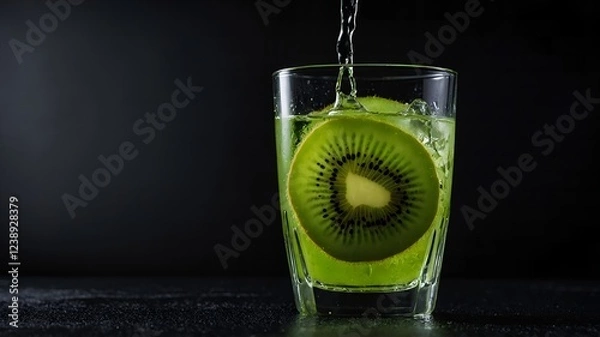 Fototapeta Kiwi fruit cocktail with ice cubes and green garnish served in a tall glass, refreshing exotic drink.