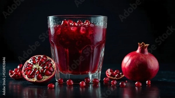 Fototapeta Glass of fresh pomegranate juice with whole pomegranates and scattered seeds, vibrant and healthy drink.
