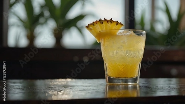 Fototapeta Glass of pineapple juice with fresh pineapple garnish in a dark, moody setting, tropical refreshment.