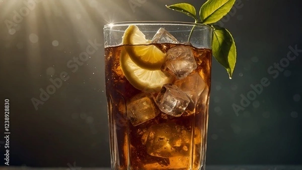 Fototapeta Glass of iced tea with lemon slices and fresh mint leaves on a wooden table, refreshing summer beverage.