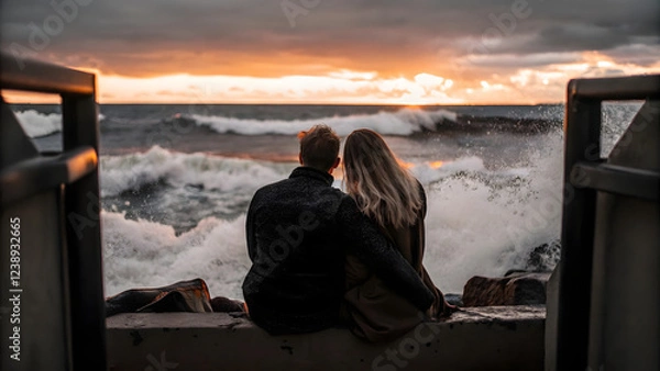 Fototapeta Lovers embrace at sunset on a rocky shore romantic scene ocean waves serene atmosphere intimate viewpoint