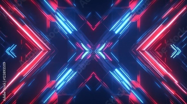 Fototapeta Abstract red and blue neon light X-shaped geometric pattern background.