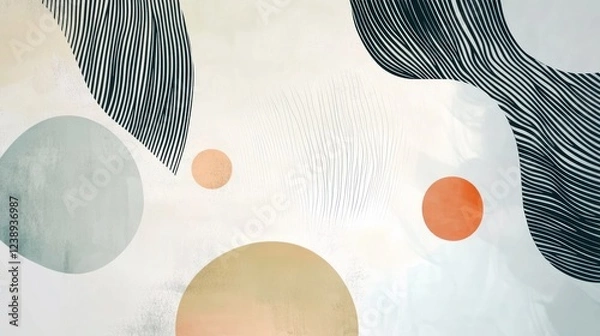 Fototapeta Abstract art with soft pastel circles and wavy lines on a light background.