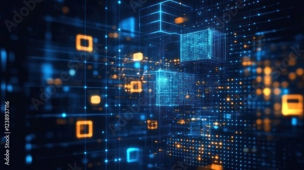 Fototapeta Abstract digital data network with glowing cubes and lines.