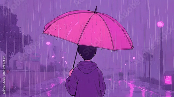 Obraz boy holding pink umbrella in rain, surrounded by neon lights, evokes sense of solitude and wonder, lofi anime for music video