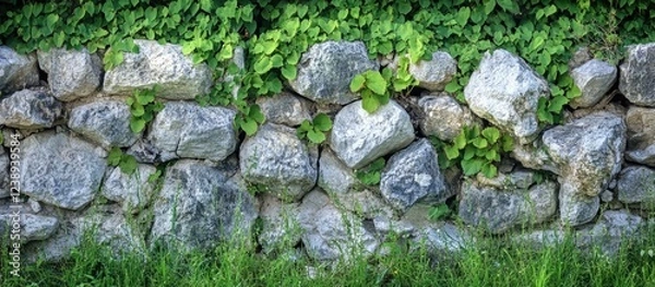 Obraz Stone Wall with Green Ivy and Grass Background