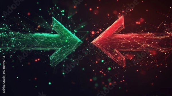 Fototapeta Abstract opposing arrows in green and red, representing conflict or opposing forces.