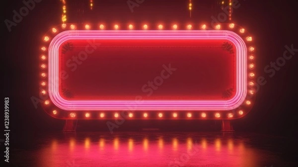 Fototapeta Red neon signboard with glowing lights, blank space for text.