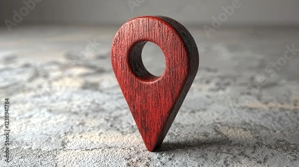 Fototapeta Wooden location pin on concrete, symbolizing a place with textured background, for graphics