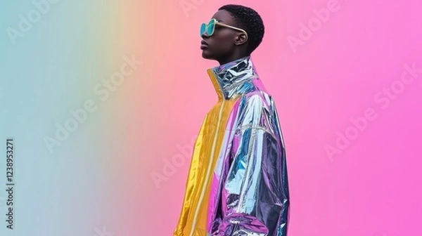 Obraz Stylish Model in Colorful Jacket Against Bright Gradient Background