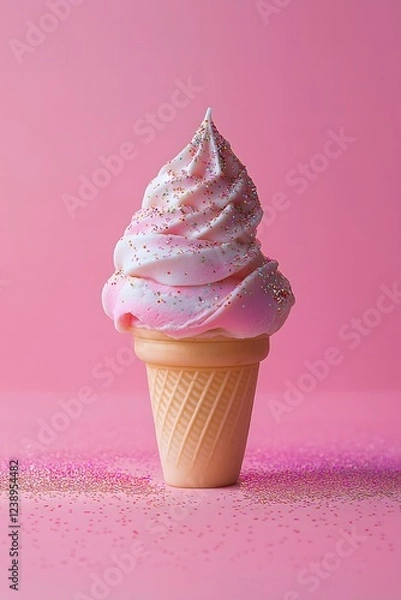 Fototapeta Pink ice cream with subtle confetti on it on a pastel pink background. Summer, concept.