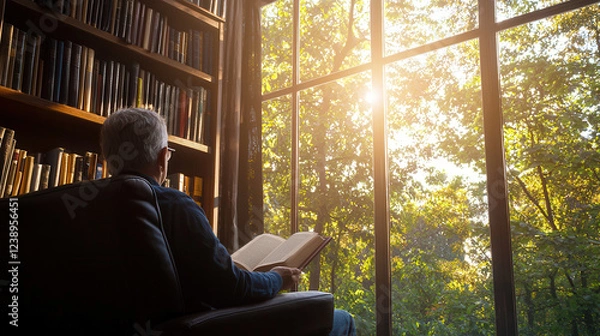 Fototapeta cozy reading nook with bookshelf, armchair, and sunlight streaming through window creates peaceful atmosphere for enjoying book