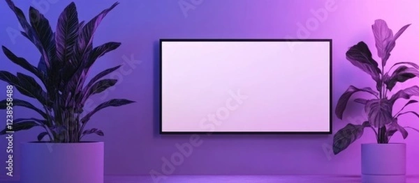 Fototapeta Modern living room with large empty screen on wall surrounded by decorative potted plants illuminated with purple lighting Copy Space
