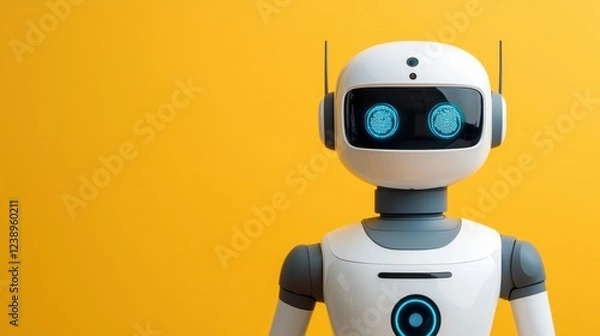 Fototapeta A charming robot figure with bright blue eyes stands against a vibrant yellow background, showcasing a friendly and futuristic design.