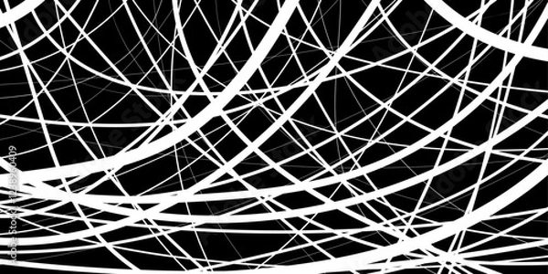 Fototapeta Doodle abstract horisontal background with chaotic stripes, tapes of different thickness in black, white colors. Hand drawn style colorful vector illustration for banners, wallpaper, textile, wrapping