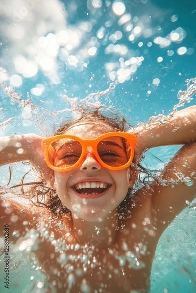 Fototapeta A joyful child happily swimming underwater, wearing playful orange sunglasses, and surrounded by sparkling bubbles, all under a vibrant summer sky filled with bright sunshine and excitement