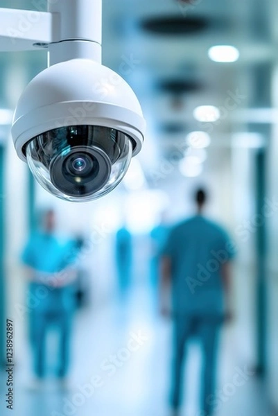 Obraz A security camera is installed in a softly lit hospital corridor, capturing blurred medical staff and equipment in the background, emphasizing the importance of patient safety and surveillance