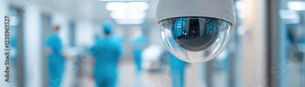Obraz A discreet security camera is installed in a softly lit hospital corridor. Medical staff and equipment can be seen blurred in the background, emphasizing safety and monitoring
