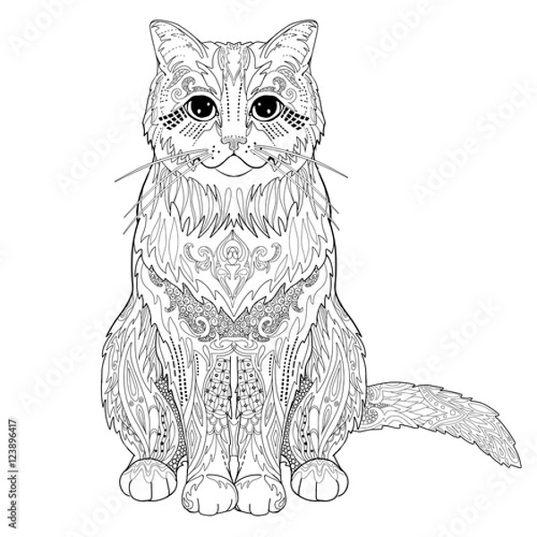 Obraz Ethnic decorative doodle cat. Coloring book page for adults. Vector illustration.