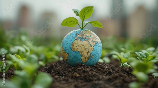 Obraz powerful image depicting a small globe emerging from rich soil, with vibrant green leaves sprouting from its top.