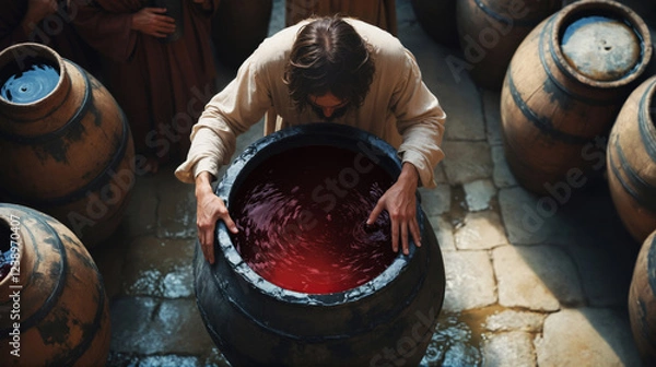Obraz Jesus’ First Miracle – Turning Water into Wine at the Wedding in Cana. Bible. New Testament.