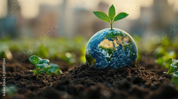 Obraz powerful image depicting a small globe emerging from rich soil, with vibrant green leaves sprouting from its top.