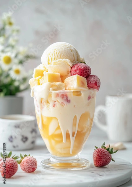 Fototapeta Ice cream dessert with mango milkshake, ice-cream ball and fruit pieces topped with cream and caramel