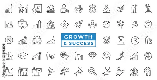 Obraz Growth and success line icons collection. Business success, development, plan and process symbol icon set vector illustration.