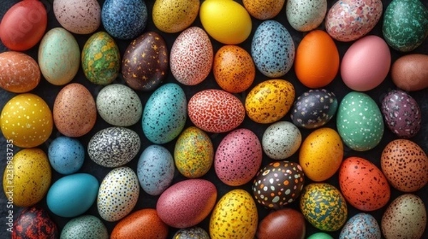 Fototapeta Easter eggs background, lots of easter eggs, each of them is different color, creating a vibrant mosaic, background with negative space