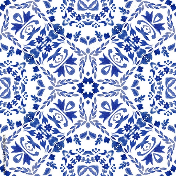 Obraz Seamless pattern, royal blue Damask paint tile for fabric and ceramics. Persian abstract filigree background. Watercolor azulejo.