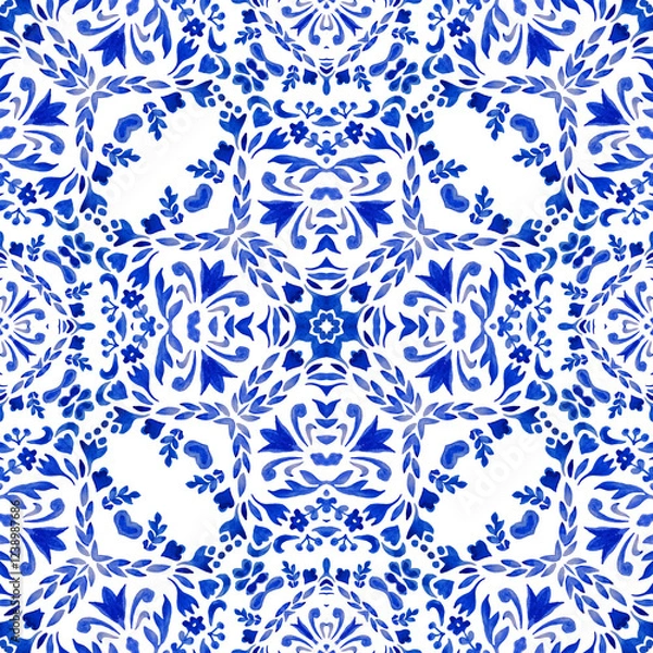 Obraz Vignette damask floral Gorgeous seamless grainy gradient blue floral watercolor pattern tiles.