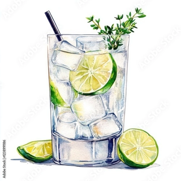 Fototapeta Glass of gin and tonic with ice, lime slices and garnish. Watercolor illustration of a classic cocktail on a white background. Refreshing drink art concept for design and print