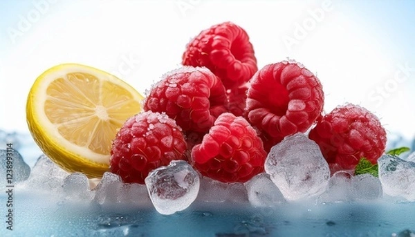Fototapeta a close up of a bunch of raspberries with a lemon on top of ice frozen berries concept of freshness and coolness