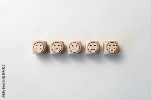 Fototapeta Wooden dice cubes with smile happy and sad icon emoji on white table background. Customer satisfaction survey, user experience feedback, and rating concept.