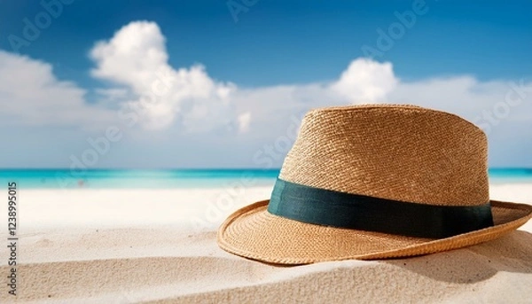 Fototapeta straw hat on sand beach with copy space holiday concept