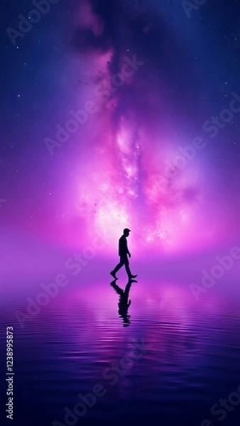 Fototapeta Silhouette of a Person Walking on a Purple Water Surface Under a Starry Night � Enchanted Evening Background