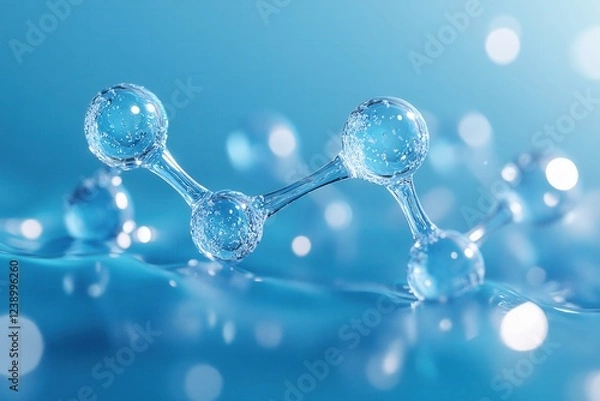 Fototapeta Molecular Structure with Transparent Spheres on a Wavy Blue Surface with Bokeh Lights