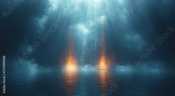 Fototapeta Futuristic Abstract Scene with Dramatic Light Beams in Dark Fog