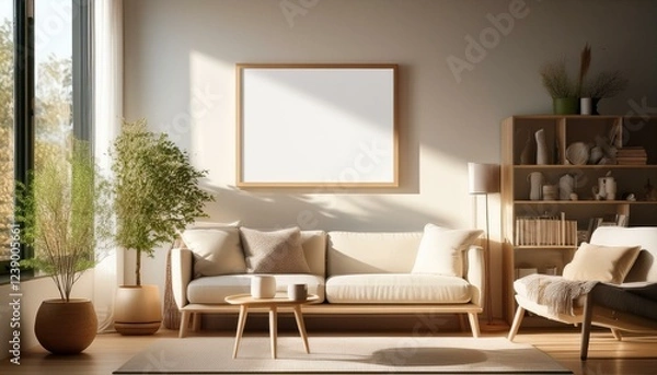 Fototapeta cozy home interior with blank frame and natural sunlight