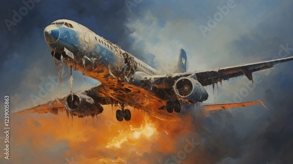 Fototapeta An art representation of a burning airplane crashing, smoke billowing in all directions, no airline logo visible,generative ai illustration