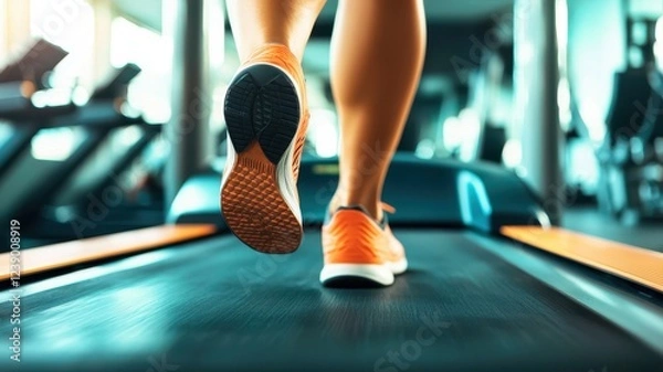 Fototapeta Sports Technology. Jogger on treadmill in a gym, focused on fitness and exercise routine.
