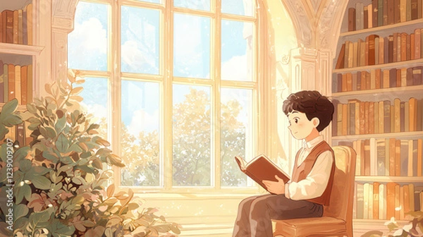 Obraz Cozy boy sitting in library reading book, surrounded by bookshelves and sunlight, Lofi streaming background
