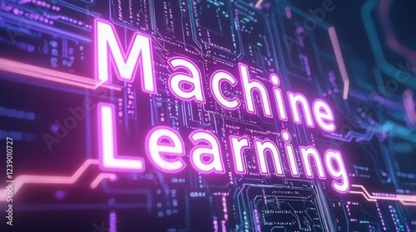 Fototapeta Bold Metallic Text on Circuit Background Representing Machine Learning