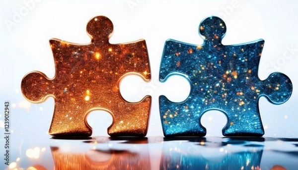 Fototapeta two puzzle pieces with glitter on them one blue and one orange
