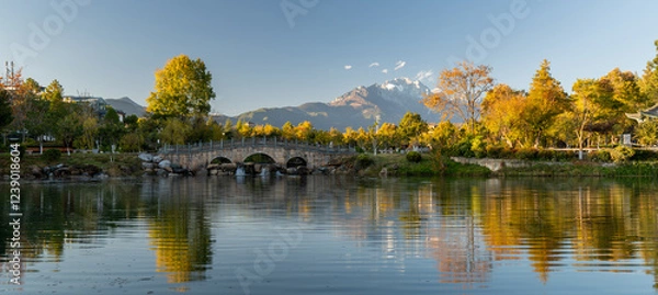 Fototapeta Jade Dragon Snow Mountain and Black Dragon Pool with Suocui Bridge and Moon Embracing Pavilion, Lijiang, Yunnan, China