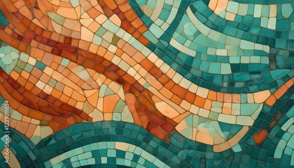 Fototapeta mosaic design with earthy tones in orange teal and blue blending warm and cool hues perfect for natural themed backgrounds or rustic decorative projects