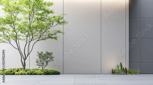 Fototapeta minimalist design featuring tree and shrubs against modern wall, creating serene outdoor space
