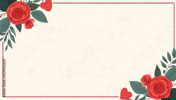 Fototapeta Romantic Floral Frame with Two Red Roses with Leaves in the Corners Against a Soft Cream Background