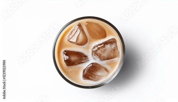 Fototapeta coffee latte cappuccino with ice in glass seen from above on a white background with clipping path included