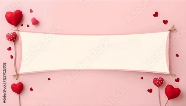 Fototapeta Valentine's Day Blank Banner Against a Soft Pink Background Adorned with Red Heart Decorations with Copy Space